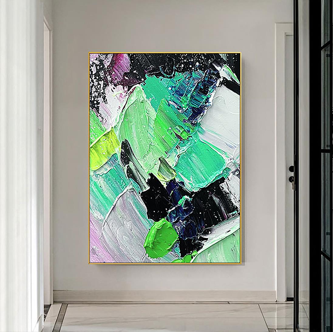 Impasto trazos abstractos verdes de Palette Knife wall art minimalismo Pintura al óleo